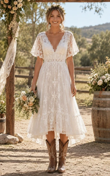 High-Low Boho Lace Country Wedding Dress with Flutter Sleeves