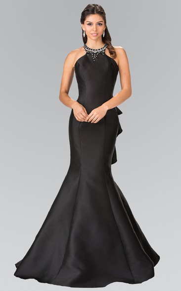 Mermaid Long Scoop-Neck Sleeveless Satin Straps Dress With Beading And Draping