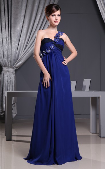 Ruched Chiffon Floor-Length Dress With Single Floral Strap