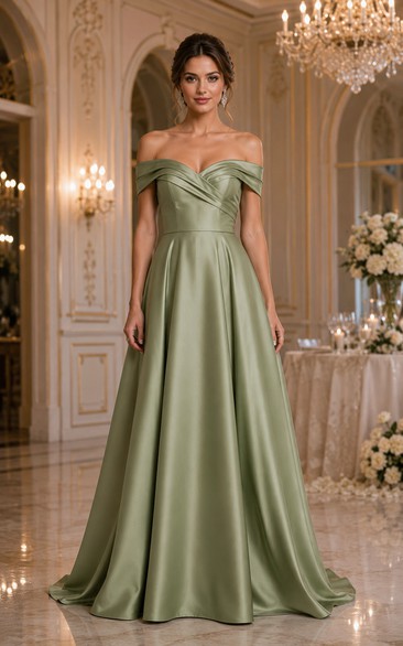Sage Off-the-Shoulder Satin A-Line Bridesmaid Dress
