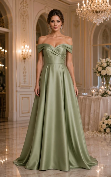 Sage Off-the-Shoulder Satin A-Line Bridesmaid Dress