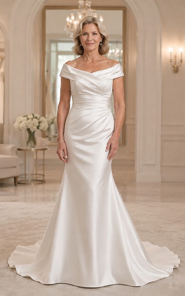 Off Shoulder Ruched Mermaid Older Brides Wedding Dress in Satin