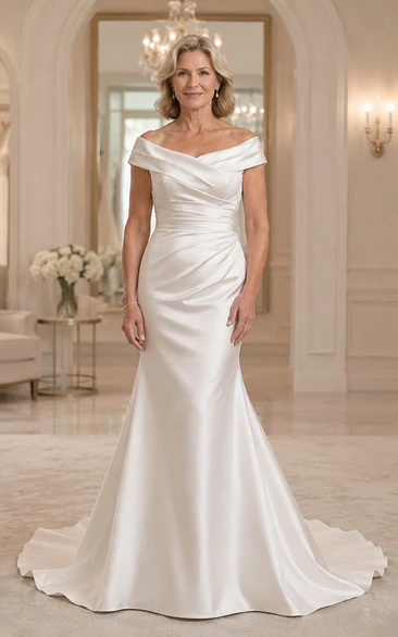 Off Shoulder Ruched Mermaid Older Brides Wedding Dress in Satin