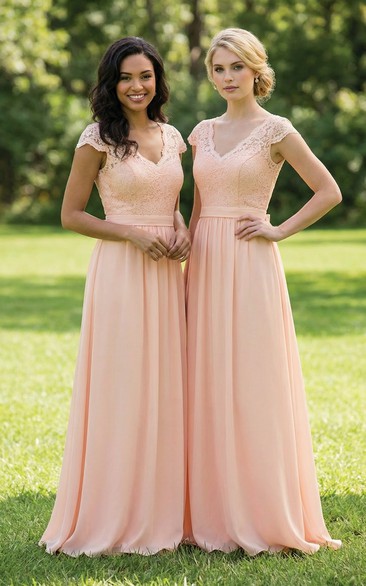V-Neck Cap-Sleeve Lace & Chiffon Gown