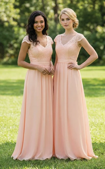 V-Neck Cap-Sleeve Lace & Chiffon Gown