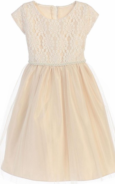 Tea-Length Sequined Tulle&Lace Flower Girl Dress With Embroidery