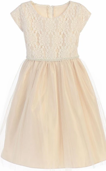 Tea-Length Sequined Tulle&Lace Flower Girl Dress With Embroidery