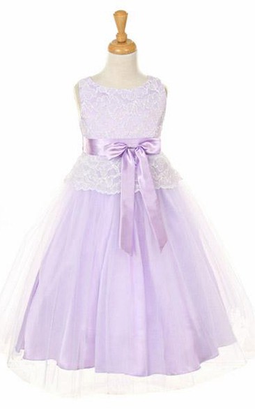 Tea-Length Bowed Tulle&Lace Flower Girl Dress