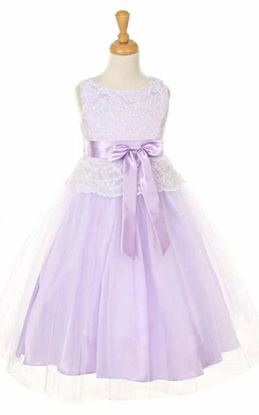 Tea-Length Bowed Tulle&Lace Flower Girl Dress