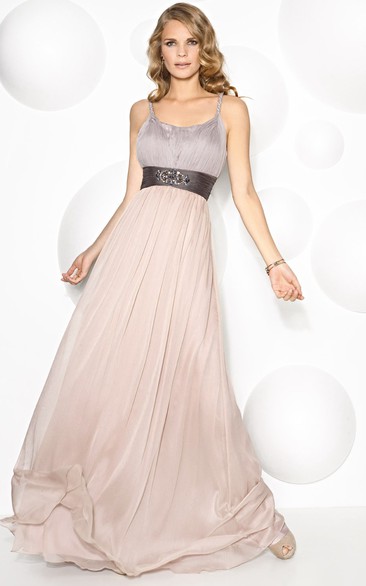 A-Line Maxi Strapped Ruched Sleeveless Prom Dress With Pleats And Beading
