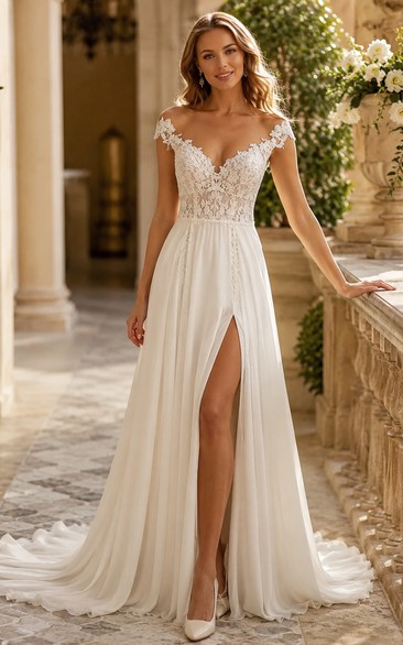 Off Shoulder Lace Bodice A-Line Wedding Dress with Front Slit