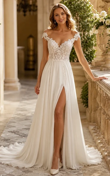 Off Shoulder Lace Bodice A-Line Wedding Dress with Front Slit
