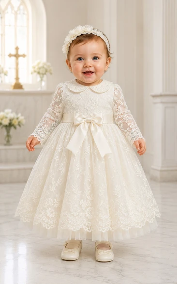 Baby Christening Gown Modest Princess Ball Gown Long Sleeve Illusion Tulle Lace Floor-Length with Bow Sash in Ivory