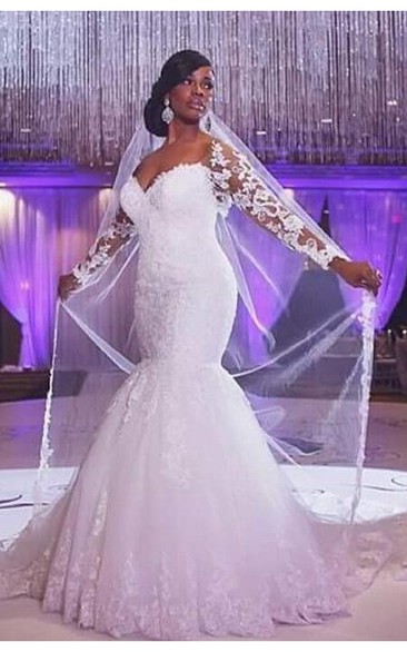 Glamorous Off-the-shoulder Long Sleeve Mermaid Wedding Dress With Appliques