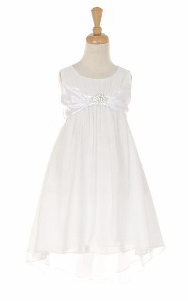 Knee-Length Bowed Empire Broach Chiffon&Satin Flower Girl Dress