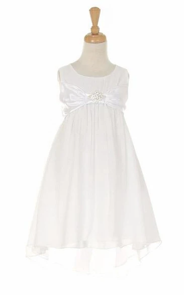 Knee-Length Bowed Empire Broach Chiffon&Satin Flower Girl Dress