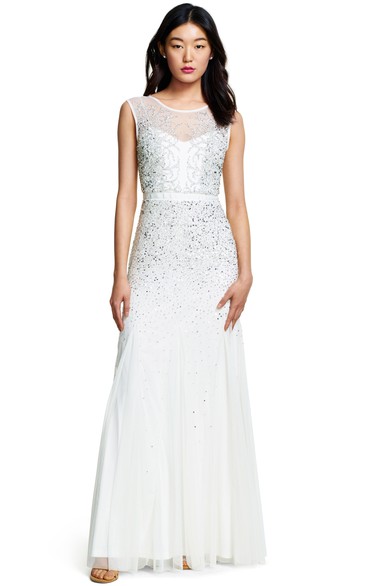 Sheath Sequined Sleeveless Scoop Neck Tulle Bridesmaid Dress With Low-V Back