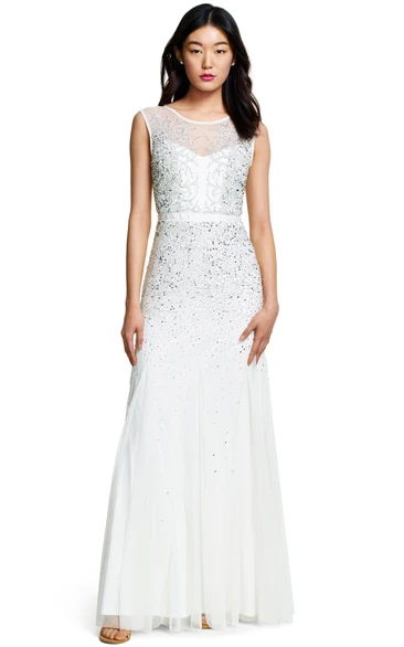 Sheath Sequined Sleeveless Scoop Neck Tulle Bridesmaid Dress With Low-V Back