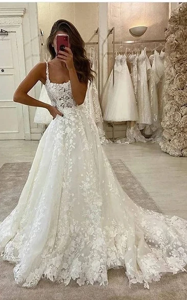 Spaghetti Empire Lace A-line Ball Gown Princess Wedding Dress