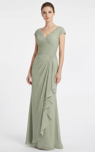 Draped Cap Sleeve V-Neck Chiffon Formal Gown