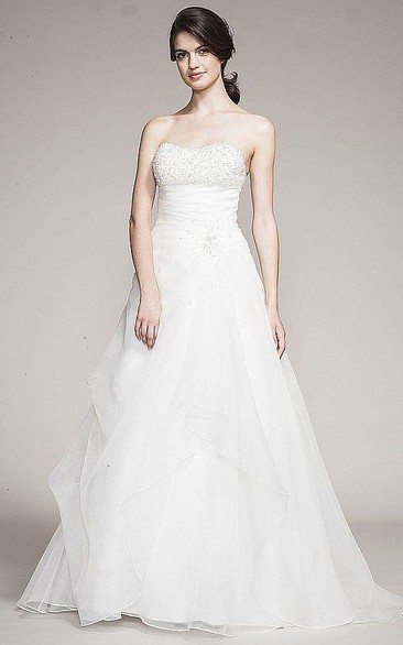 A-Line Sweetheart Maxi Ruched Organza Wedding Dress With Beading