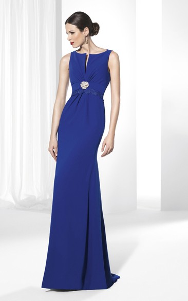 Sheath Long Sleeveless Broach Chiffon Prom Dress With Lace