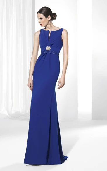 Sheath Long Sleeveless Broach Chiffon Prom Dress With Lace