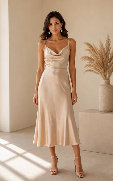 Vestido midi Charmeuse con cuello vuelto color champán