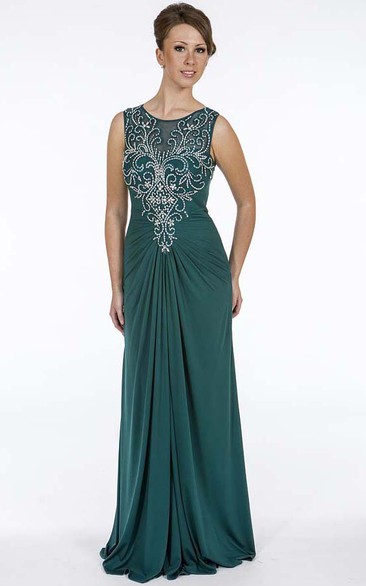 Sheath Beaded Floor-Length Sleeveless Scoop-Neck Chiffon Prom Dress With Draping