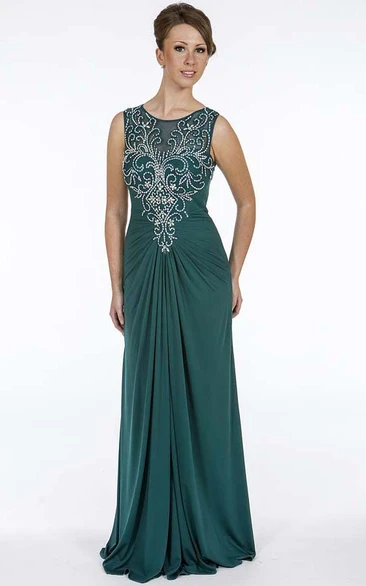 Sheath Beaded Floor-Length Sleeveless Scoop-Neck Chiffon Prom Dress With Draping