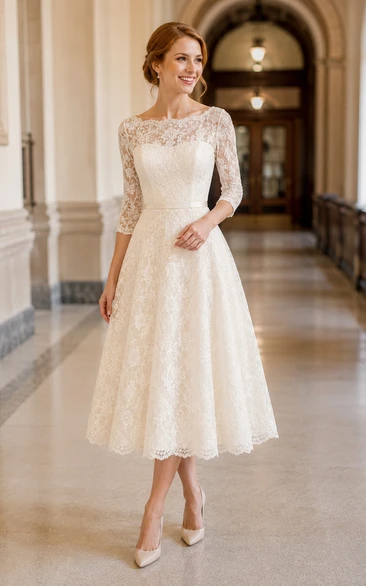 Vestido de novia de encaje de manga larga hasta la rodilla con falda de tul completa