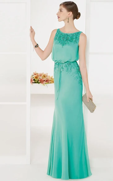 Bateau Sleeveless Chiffon Long Prom Dress With Sash And Crystal Embroidery