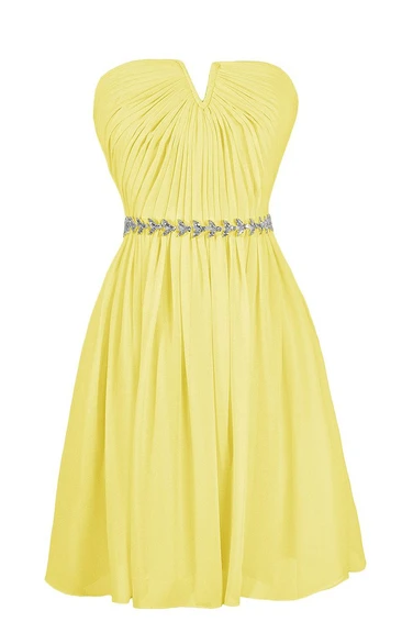 Strapless Notched Pleated Short Dress With Beaded Band