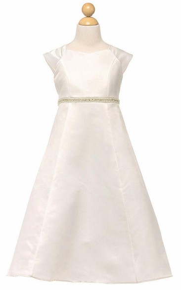 Ankle-Length Beaded Bell-Sleeve Satin Flower Girl Dress