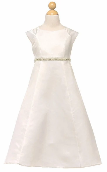 Ankle-Length Beaded Bell-Sleeve Satin Flower Girl Dress
