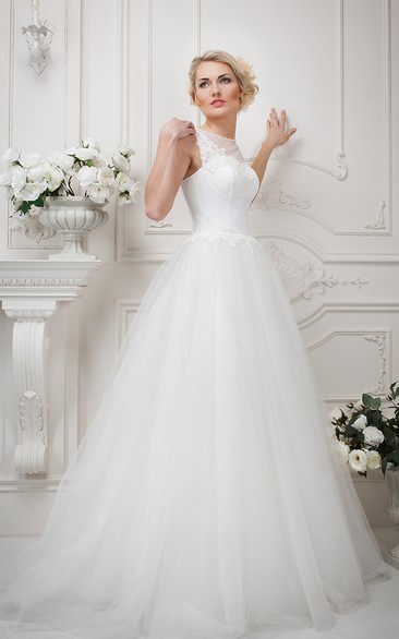 Ball Gown Floor-Length Jewel-Neck Appliqued Sleeveless Tulle Wedding Dress