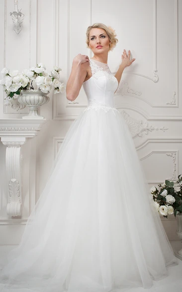 Ball Gown Floor-Length Jewel-Neck Appliqued Sleeveless Tulle Wedding Dress