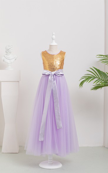 Two-Tone Scoop-neck Empire Tulle A-line Flowergirl Dress with Bow