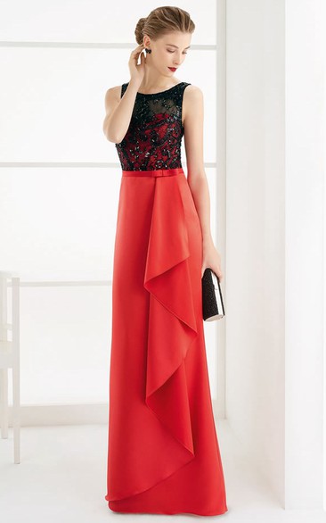 Sleeveless Side Drape Sheath Satin Long Prom Dress With Lace Top And Bow