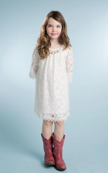 Tea-Length Scalloped Beaded Lace Flower Girl Dress