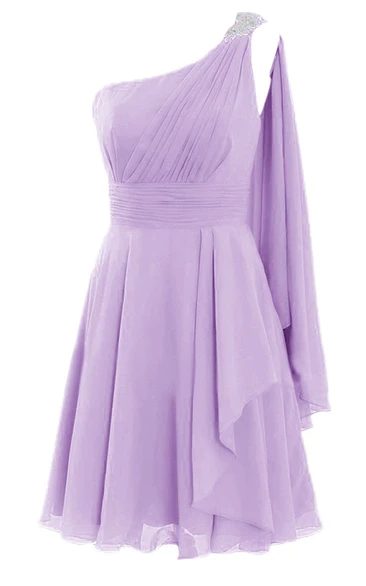 One-shoulder Beaded Pleated Chiffon Short Dress With Cape