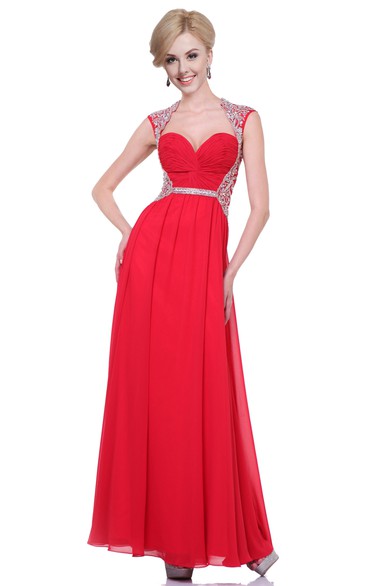A-Line Ankle-Length Queen Anne Chiffon Dress With Ruching And Beading