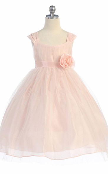 Tea-Length Straps Tiered Empire Tulle Flower Girl Dress