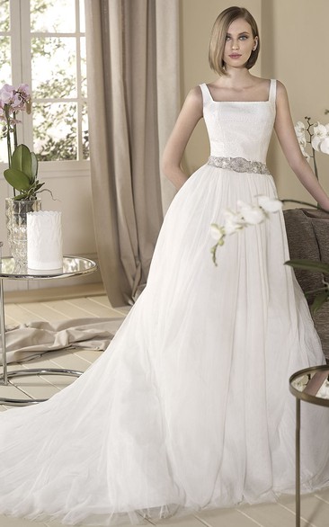 A-Line Jeweled Sleeveless Long Square-Neck Tulle Wedding Dress With Pleats