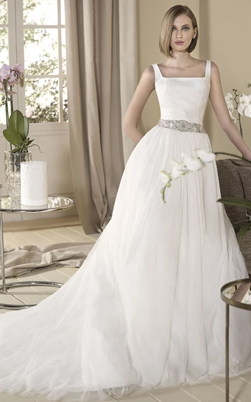 A-Line Jeweled Sleeveless Long Square-Neck Tulle Wedding Dress With Pleats
