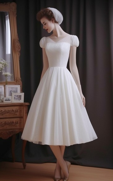 Vintage Cap White Empire A-line Tea-length 1950s Wedding Dress