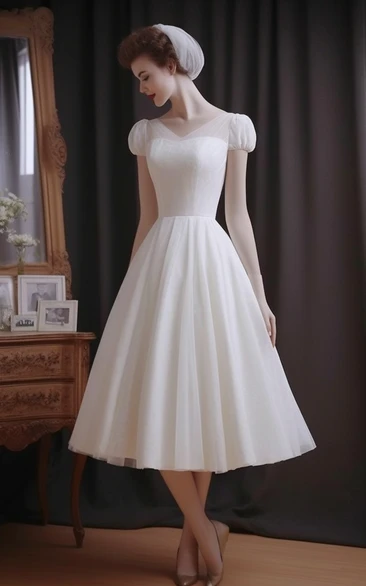 Vintage Cap White Empire A-line Tea-length 1950s Wedding Dress