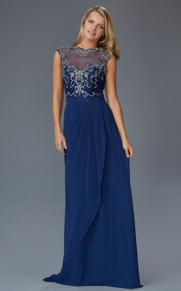 Sheath Long Jewel-Neck Cap-Sleeve Jersey Illusion Dress With Beading