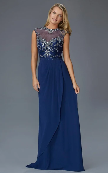 Sheath Long Jewel-Neck Cap-Sleeve Jersey Illusion Dress With Beading