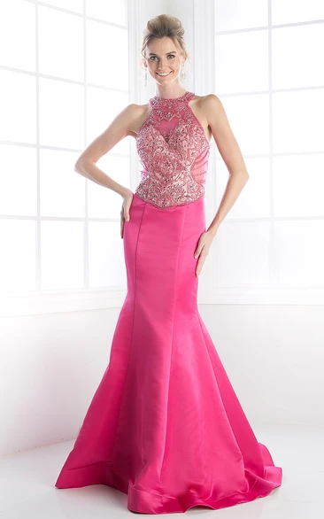 Mermaid Maxi High Neck Sleeveless Satin Illusion Dress With Beading